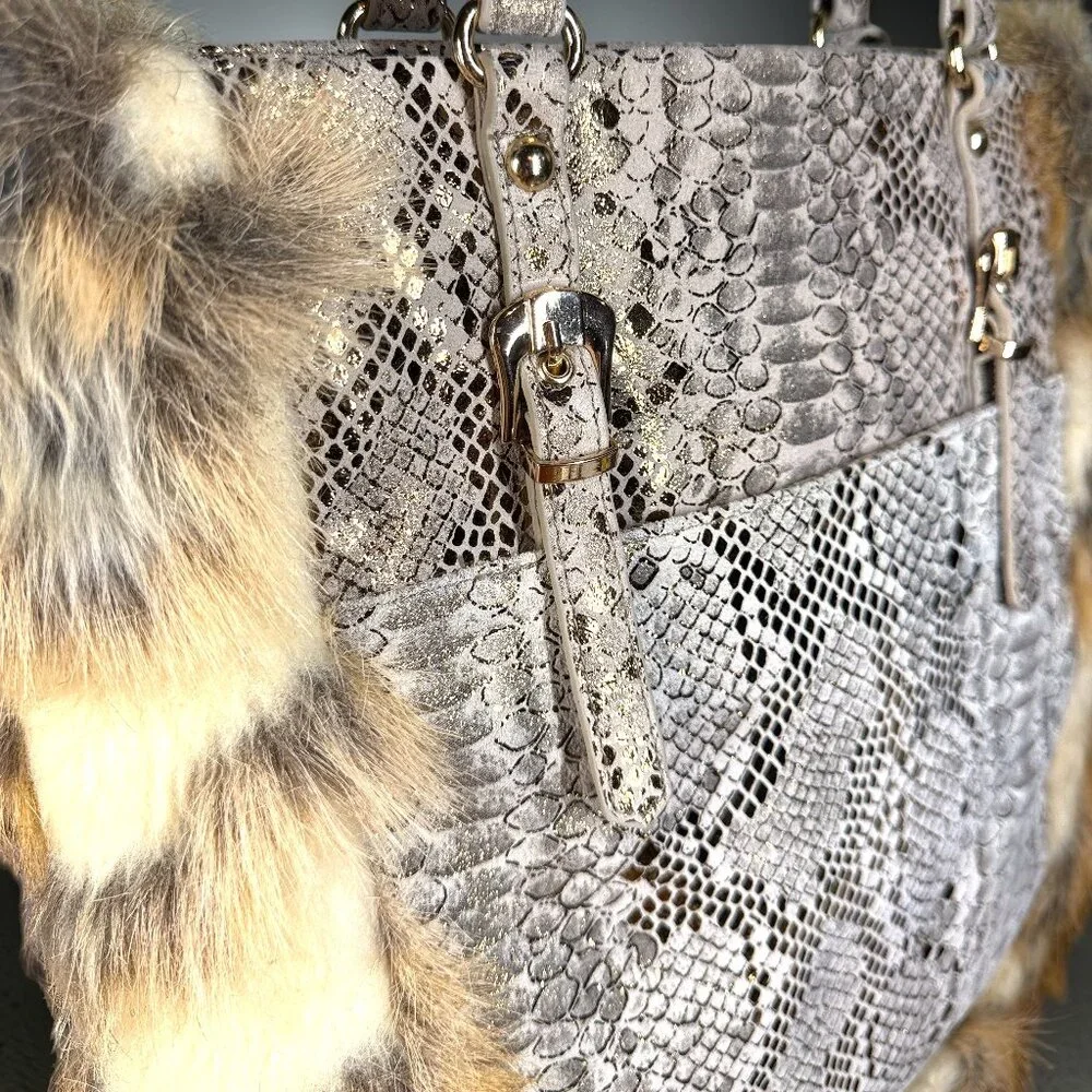 Sharif Studio Rare Snake Embossed Leather & Faux Fur Trimmed Shoulder Tote Bag